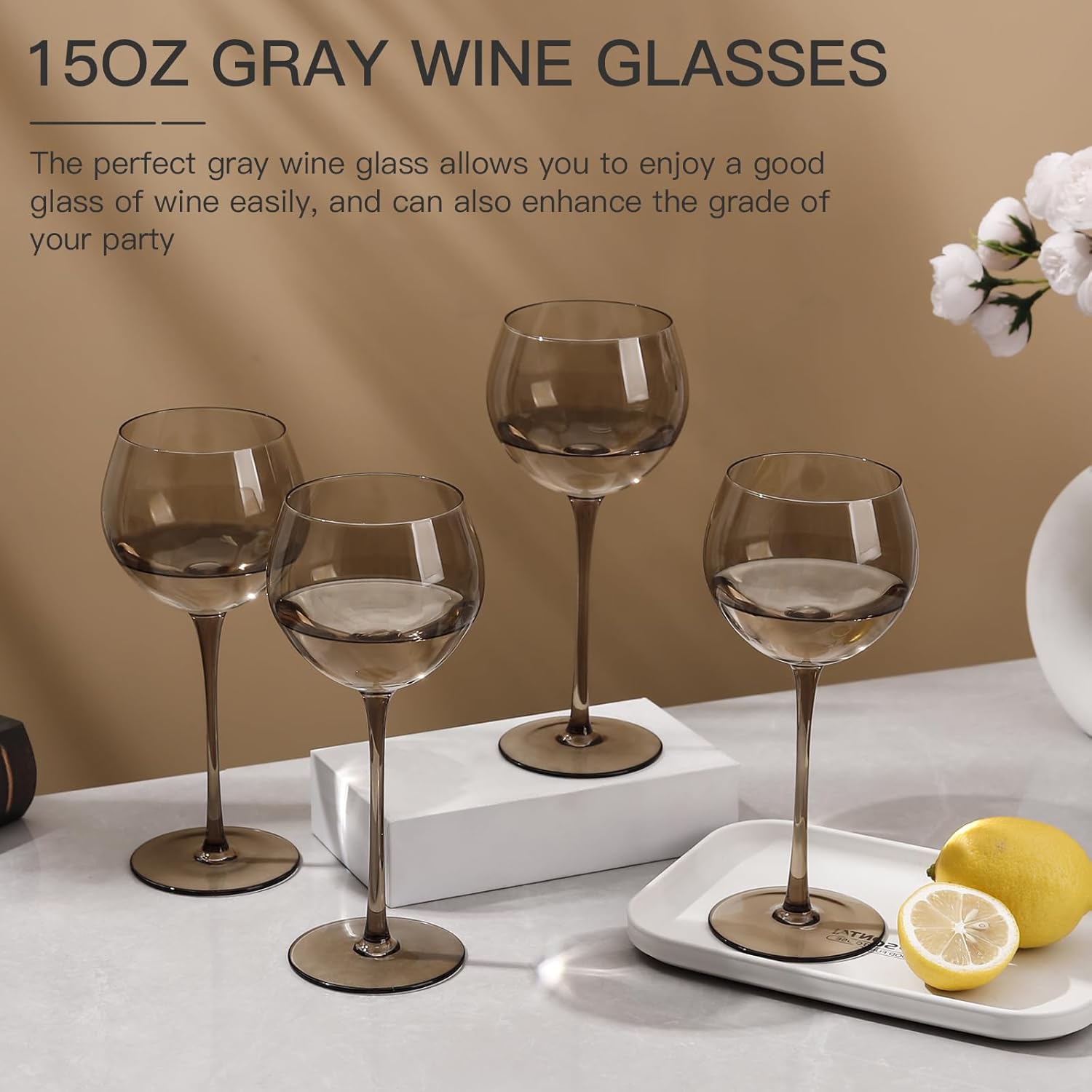 Smokey Gray Hand Blown Wine Glasses Set