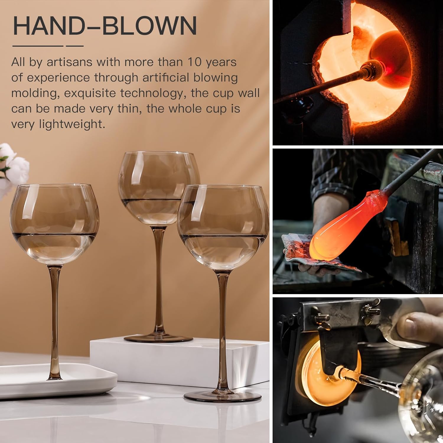 Smokey Gray Hand Blown Wine Glasses Set