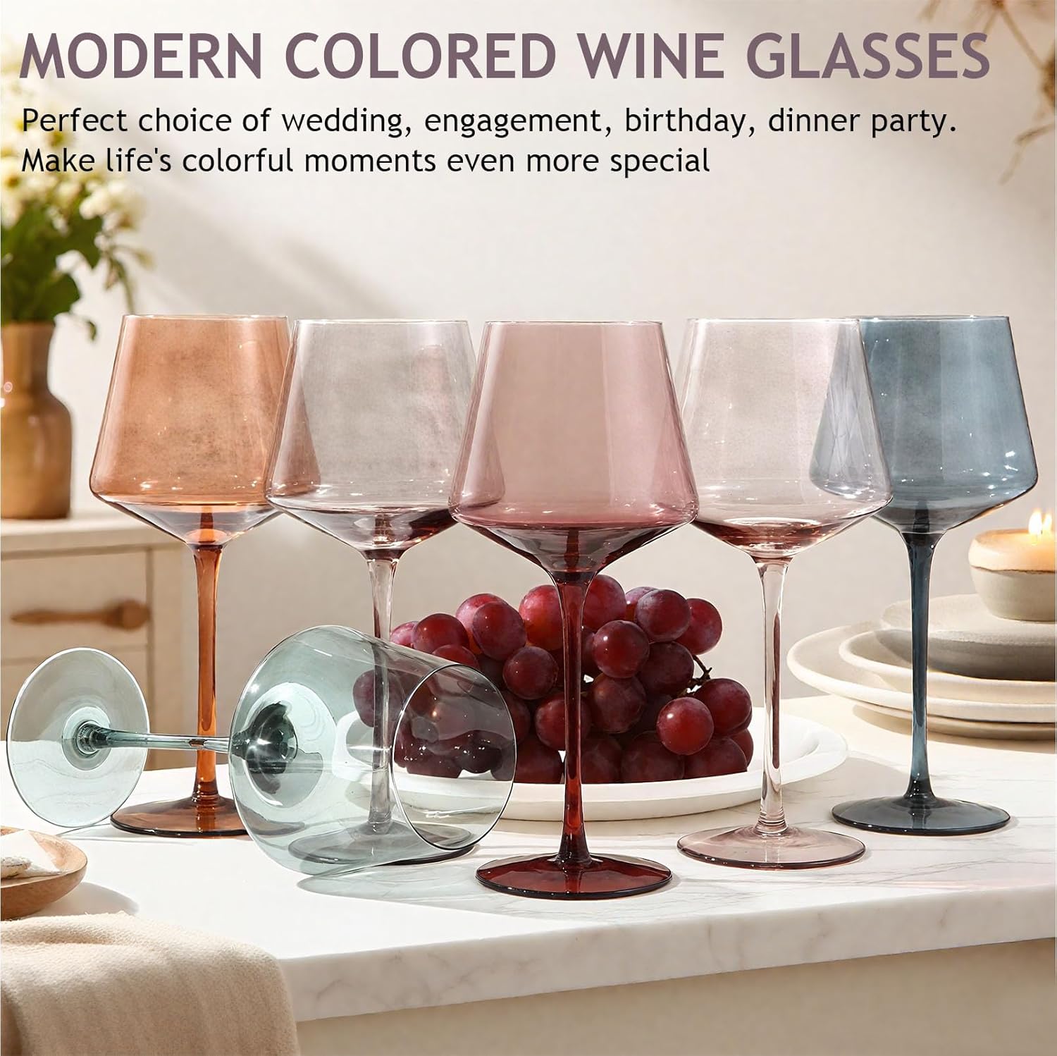 Large Hand Blown Colored Wine Glasses Set
