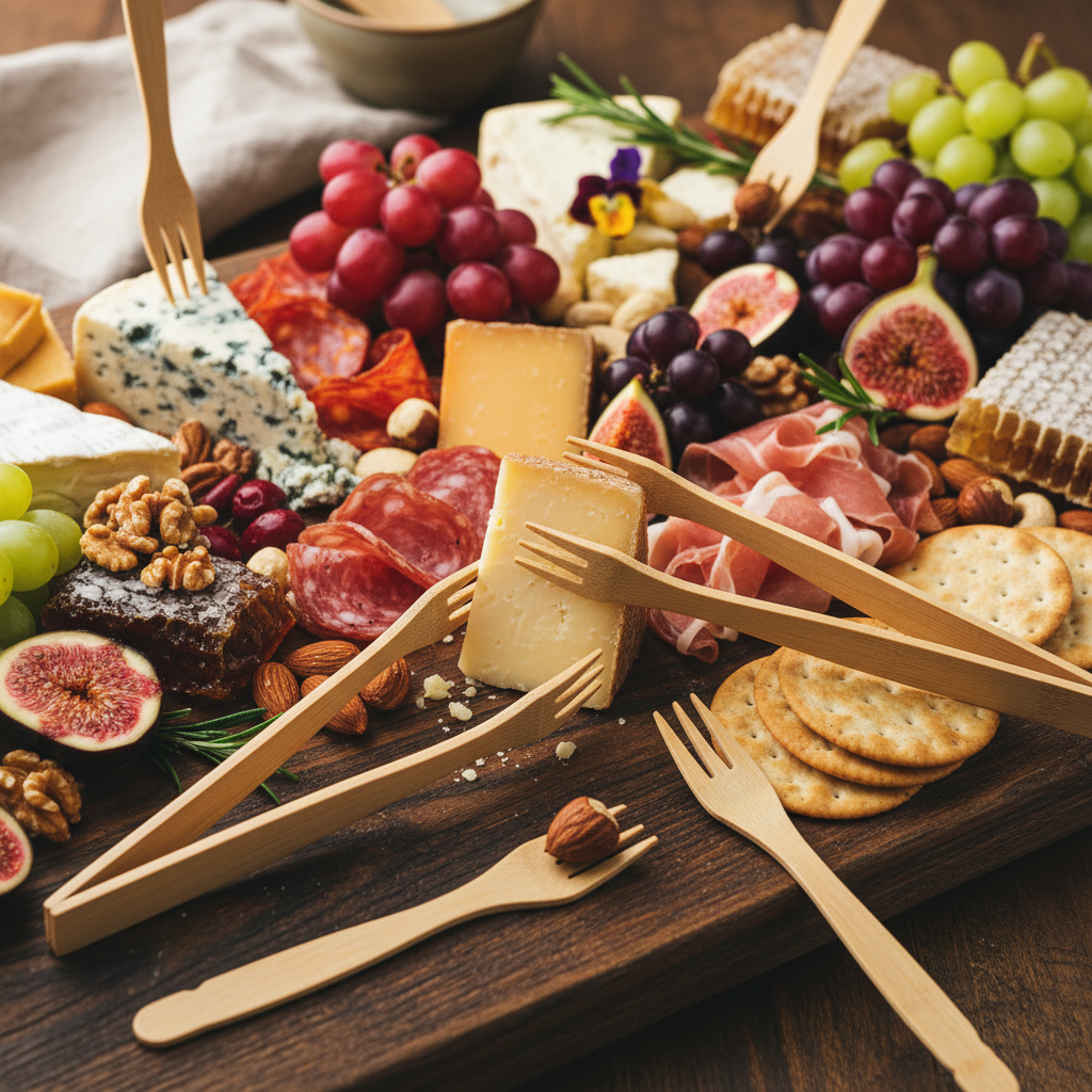 Disposable Bamboo Tongs and Forks styled on a beautifully loaded charcuterie board