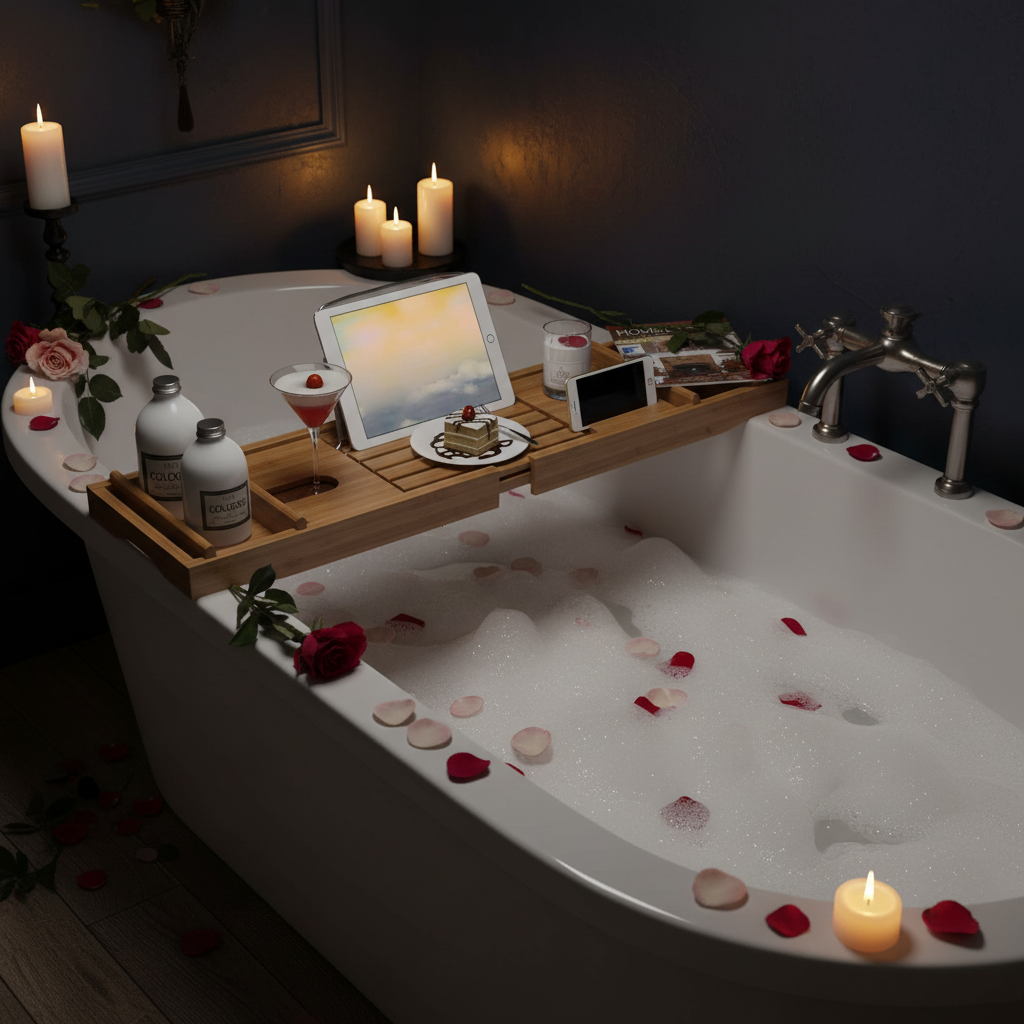 Expandable Bamboo Bathtub Caddy Tray in a moody candlelit bathroom at night with rose petals and red wine
