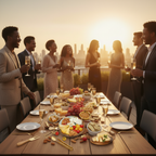 Gold Charcuterie Board Accessory Set at a rooftop sunset party with Black people celebrating