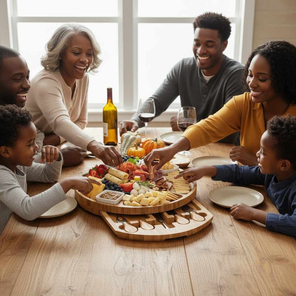 BAMBOOVE Round Bamboo Charcuterie Serving Set as centerpiece of a warm Black family gathering