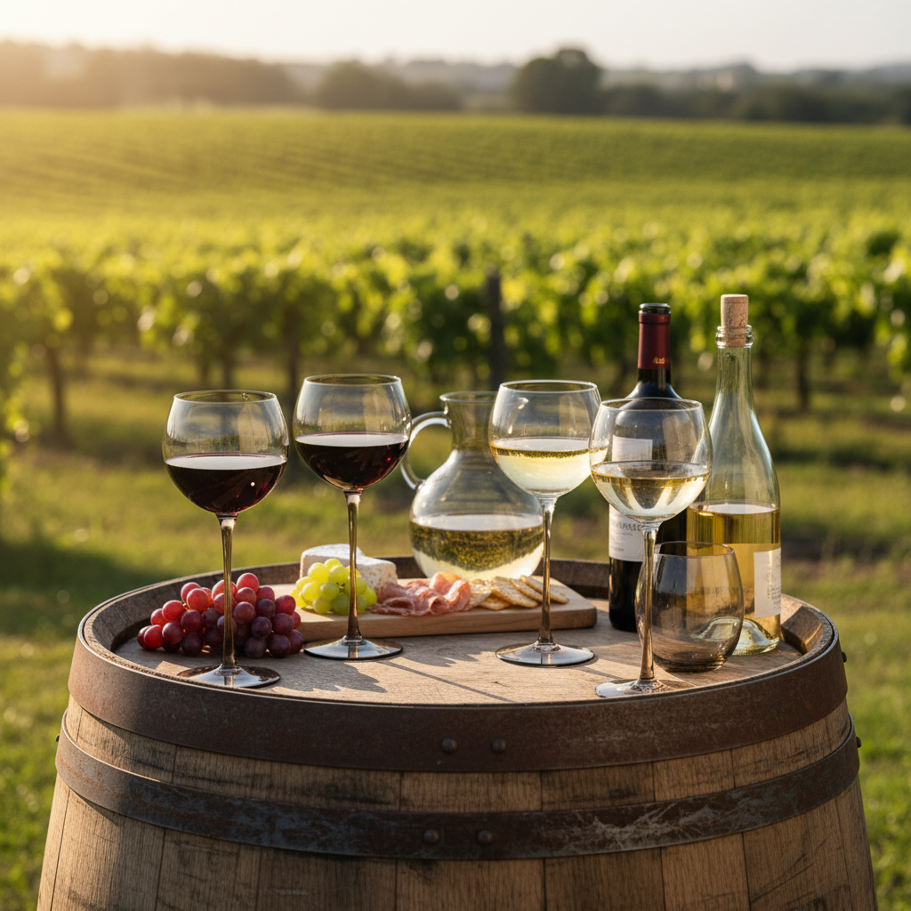 Smokey Gray Hand Blown Wine Glasses set at an outdoor winery with vineyard rows and golden sunlight