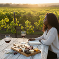 BlauKe Bamboo Cheese Board at a winery with a Black woman enjoying a solo wine tasting