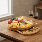 BAMBOOVE Round Bamboo Charcuterie Serving Set on rustic wood table with wine and charcuterie
