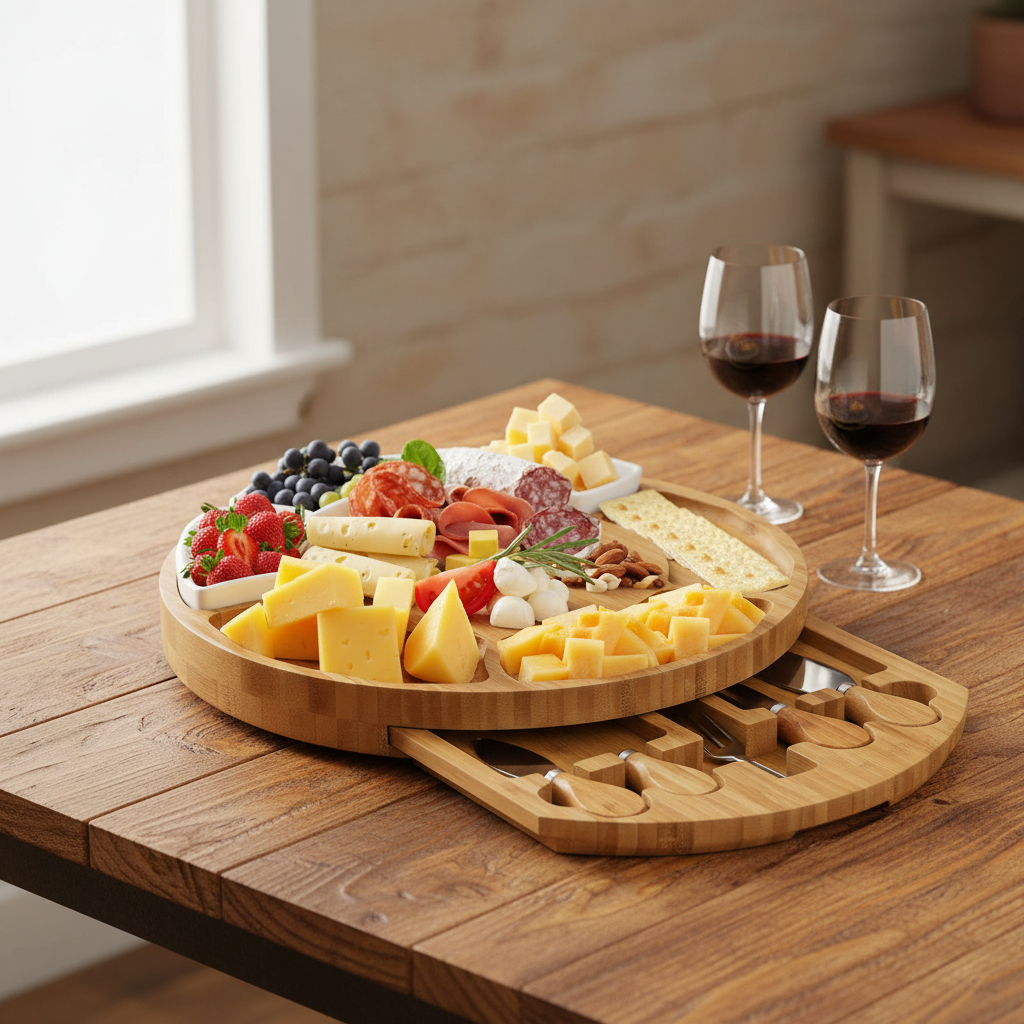 BAMBOOVE Round Bamboo Charcuterie Serving Set on rustic wood table with wine and charcuterie