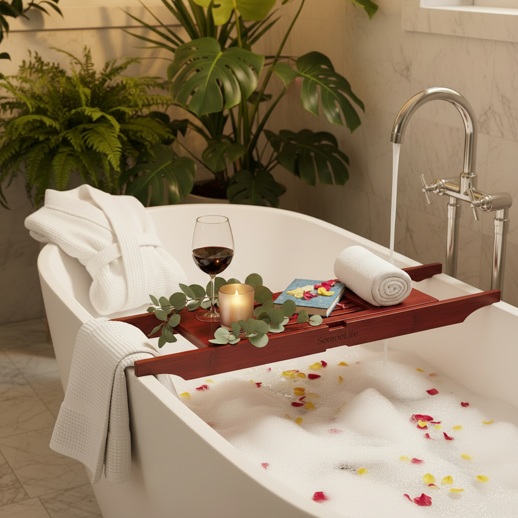SereneLife Bamboo Bathtub Caddy in a cozy home spa bathroom with soft pastel tones