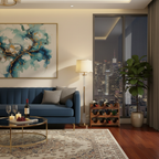 Stackable Wine Rack in an elegant living room at night with city lights and warm ambient lighting